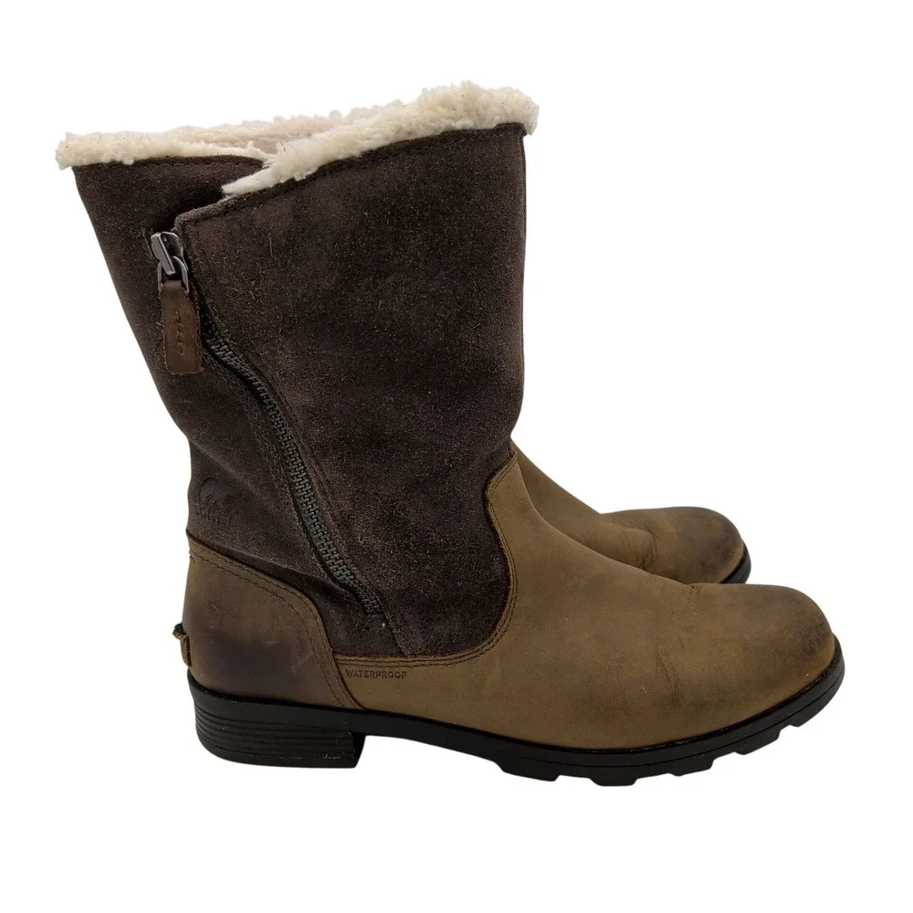 Sorel Emelie Foldover Boot Zip Waterproof Leather Suede Winter Brown Womens 11